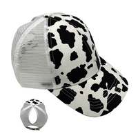 Gorra de béisbol de malla con cola de caballo y estampado de vaca para mujer, con logo personalizado, estilo Y2K, diseño digital, patrón de camuflaje, gorras trucker