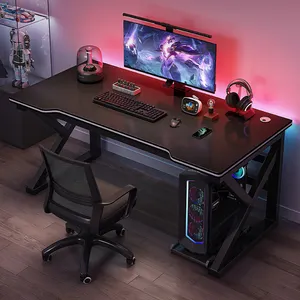 Mesa de ordenador moderna de alta calidad para el hogar, escritorio de juegos con marco de acero, Led RGB, color negro