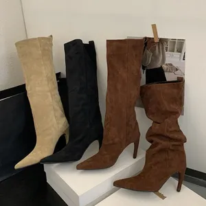 Botas de mujer hasta la rodilla con forro de malla sólida, tacones finos, punta puntiaguda, para invierno, sin cordones - Product Image 6