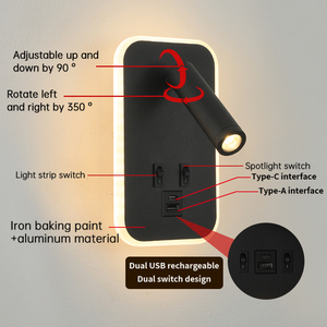 Tối Giản LED <span class=keywords><strong>Backlit</strong></span> Đèn Tường Cho Khách Sạn Đầu Giường Đọc Sách Với Loại A Và Loại C USB Sạc Chuyển Đổi Cho Phòng Ngủ - Product Image 5