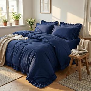 Set di Biancheria da Letto in Cotone <span class=keywords><strong>Blu</strong></span> con Volant, <span class=keywords><strong>Copripiumino</strong></span> in Stile Vintage con 2 Federe, Regalo per Coppie - Product Image 4