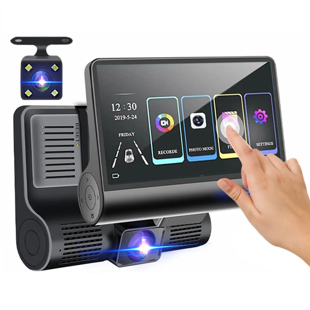 Écran tactile LCD 4 pouces 1080P enregistrement en boucle, Vision nocturne du véhicule boîte noire NVR WDR vidéo voiture Dash Cam avec 3 objectifs de caméra