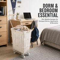 Chariot à linge moderne à roulettes détachable avec 4 roulettes, poignée en bois, doublure en tissu, cadre métallique, panier à linge organisateur pour la maison et le dortoir