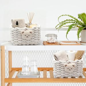 Panier de rangement rectangulaire en coton tressé à motif ours, écologique, blanc, pour salle de bain, bureau, coiffeuse, armoires - Product Image 3