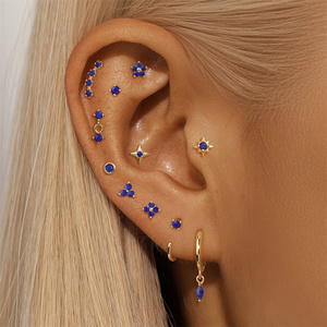 Boucles d'oreilles clous en argent sterling S925 de haute qualité, motif fleur, lapis-lazuli naturel, tête plate, design tendance et à la mode - Product Image 5
