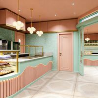 Airy Luxe Bakery & Coffee Market Stall Featuring Glass Display Case, Open Tiered Shelving, and Integrated Warm Lighting