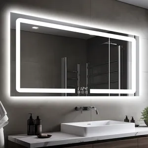 مرآة حمام ذكية لوضع الميك آب بشاشة لمس مضيئة بإضاءة ليد مضادة للضباب مرآة استحمام بإضاءة خلفية مع ساعة
