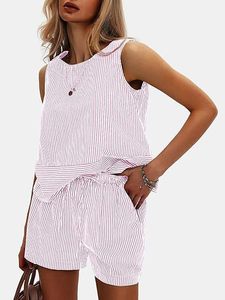 Conjunto de Pantalones y Camiseta Corta a Rayas para Mujer, Marca Privada, Cuello Redondo, Sin Mangas, Transpirable, Estilo Casual de Verano - Product Image 3