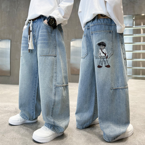Jeans en denim souple décontractés à jambe droite pour garçons, <span class=keywords><strong>taille</strong></span> élastique respirante, délavage sable, pour enfants et adolescents, printemps-automne - Product Image 1