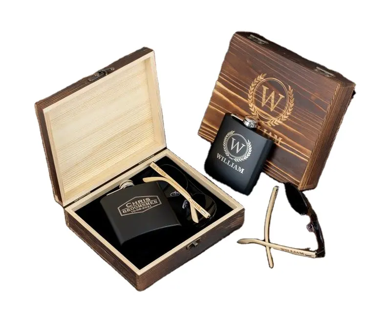 JUNJI Personalized Wholesale Handmade Wedding Decor Wood Gift Packing Box Wooden Flask Box Holder Groomsmen Gift