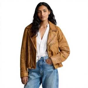 <b>Women's</b> <b>Vintage</b> Distressed Genuine <b>Leather</b> Solid Front <b>Jacket</b> Moto Biker Style Turn-down Collar Zipper Closure Winter Cotton - Product Image 1