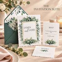 Ensemble d'invitations de mariage personnalisées en eucalyptus, bordure festonnée, cadre doré, invitation de mariage, carte RSVP, enveloppe lignée verte