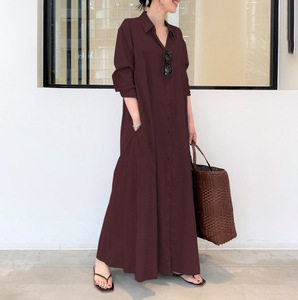 Robe chemise longue décontractée en lin et coton uni à col revers, manches longues et poches latérales pour femme - Product Image 2