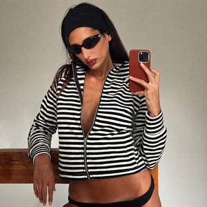 Veste zippée à rayures colorées, coupe ample, manches longues, manteau décontracté, streetwear Y2K, vêtements d'extérieur tendance pour femmes - Product Image 5