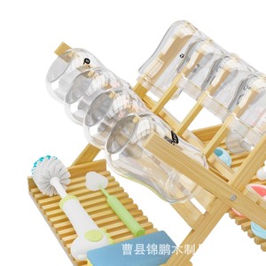 Égouttoir à biberons pliable en bois à 2 niveaux, en bambou, pour organiser les accessoires d'allaitement sur le bureau - Product Image 5
