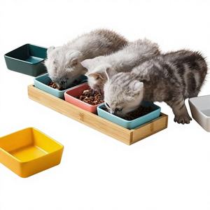 Bol carré en céramique pour chien et chat avec support en bois, glaçure mate antidérapante, ensemble de nourriture et d'eau lesté pour chats et petits chiens - Product Image 1