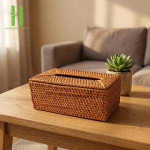 Direct Sale High Quality <b>Square</b> Rattan Tissue Box Cover Hand Woven <b>Wicker</b> Tissue Storage Box Holder Made In Vietnam - Product Image 1