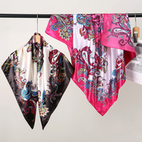 Selendang Satin Persegi 90cm Warna-warni Elegan, Syal Sutra Pelindung Sinar Matahari untuk Pantai, Dua Fungsi, Motif Bunga Mete, Pita Leher