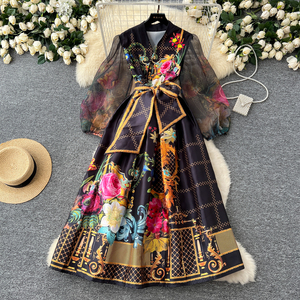 Cộng với kích thước mùa xuân cổ điển v-cổ Áo Bandage giản dị <span class=keywords><strong>Midi</strong></span> ăn mặc cho phụ nữ Đèn lồng tay áo Đế Chế in lưới vestidos - Product Image 2