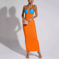 Nouvelle Robe de Soirée Sexy à Fente Haute et Découpes, Motif Patchwork Color Block, pour Femme – Élégante Robe Orange de Soirée à Bandages