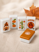 Ensemble de Mahjong en Acrylique Américain de Luxe Personnalisé, Thème Thanksgiving Pilgrim, avec Huit Tuiles à Motifs Floraux, Squirrel Pie, Cabin Roast Turkey, Joker