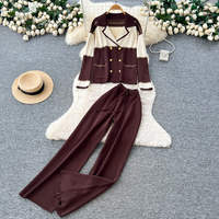 Ensemble de chandails en tricot de luxe pour femmes, coupe ample d'hiver, cardigan à col en V bicolore, pantalon, ensemble deux pièces pour femmes