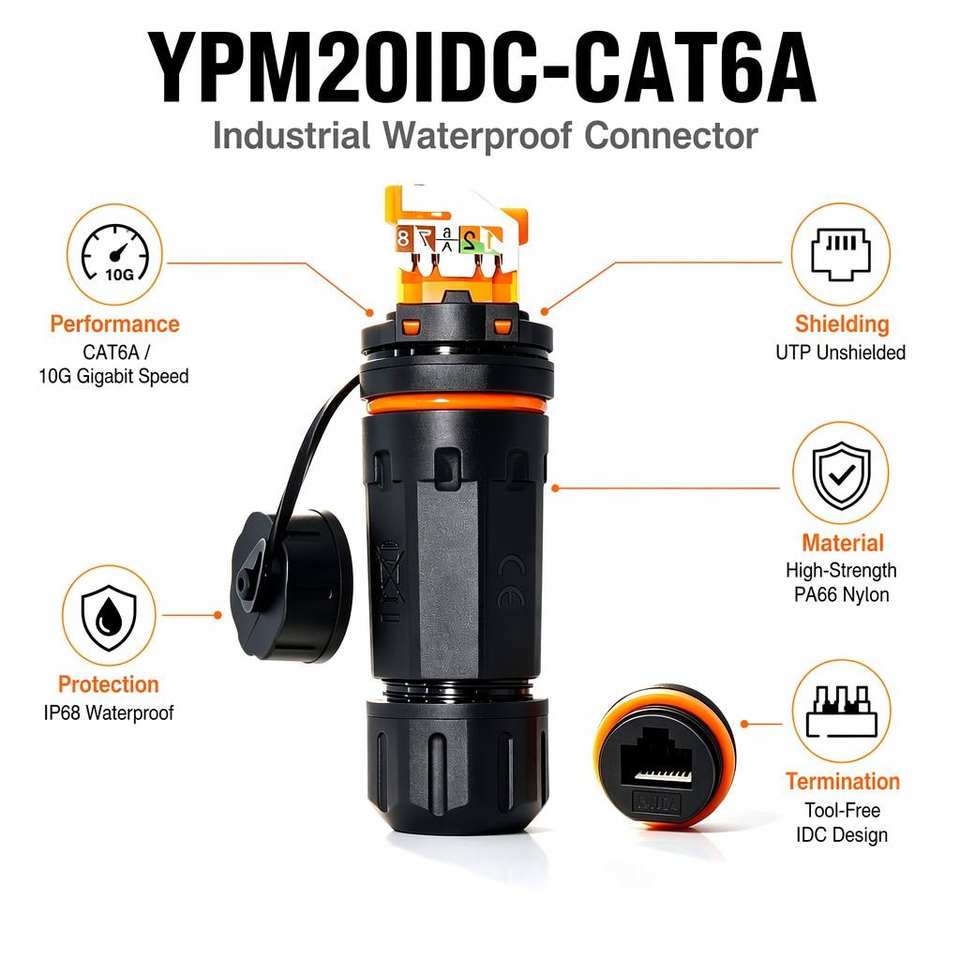 IP68 Waterproof RJ45 CAT6A IDC Connector 10Gbps Toolless UTP Ethernet Coupler