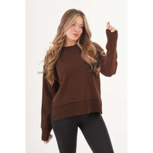 Pull long décontracté pour femme, de haute qualité, à détails côtelés, avec fente, imprimé café, taille XS, pour l'hiver et le printemps - Product Image 1