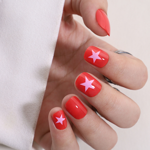 Ongles artificiels prêts à être expédiés, forme courte, <span class=keywords><strong>rouge</strong></span> clair, style étoile blanche, ongles de luxe personnalisés, <span class=keywords><strong>gel</strong></span> doux, étiquette privée, ongles à presser - Product Image 1