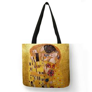 Sac à main en toile de lin avec peinture à l'huile pour femmes, fourre-tout personnalisé avec motif de larmes, sac de Shopping de grande capacité, Gustav Klimt - Product Image 6