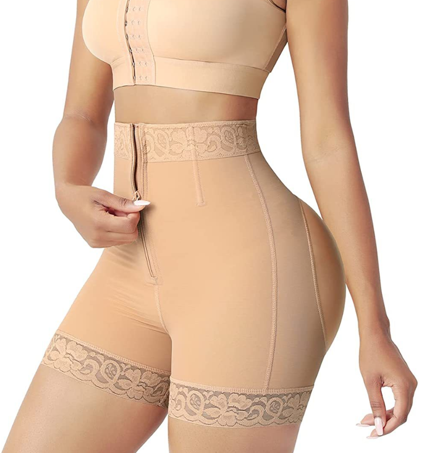 Zipper-Front High-Waist Shapewear Bodysuit (LJK2002): side profile showing zones and edge stability