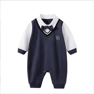 Preppy Style Spring Long Sleeved Gentleman Baby Boys Rompers, Soft Cotton Polo Collar Infant Baby Outfit Clothing