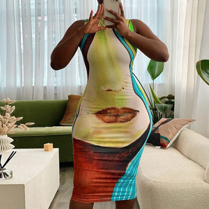 Vestido Midi elástico sin mangas con estampado 3D para primavera y verano, traje Sexy con estampado de labios rojos, cuello de tortuga, ropa informal para mujer <span class=keywords><strong>2022</strong></span> - Product Image 1