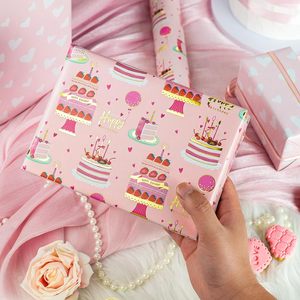 <b>Pink</b> Birthday Gift <b>Wrap</b> Roll 17x33 Feet Metallic Foil Cartoon Cakes Happy Birthday Design For Girls Party Craft Use - Product Image 5