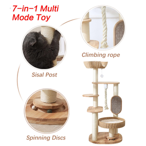 Menara kucing kayu besar 49.6 inci, Kondominium kucing Multi-Level dengan papan garuk tempat tidur anyaman tangan mudah dibersihkan dalam ruangan - Product Image 4