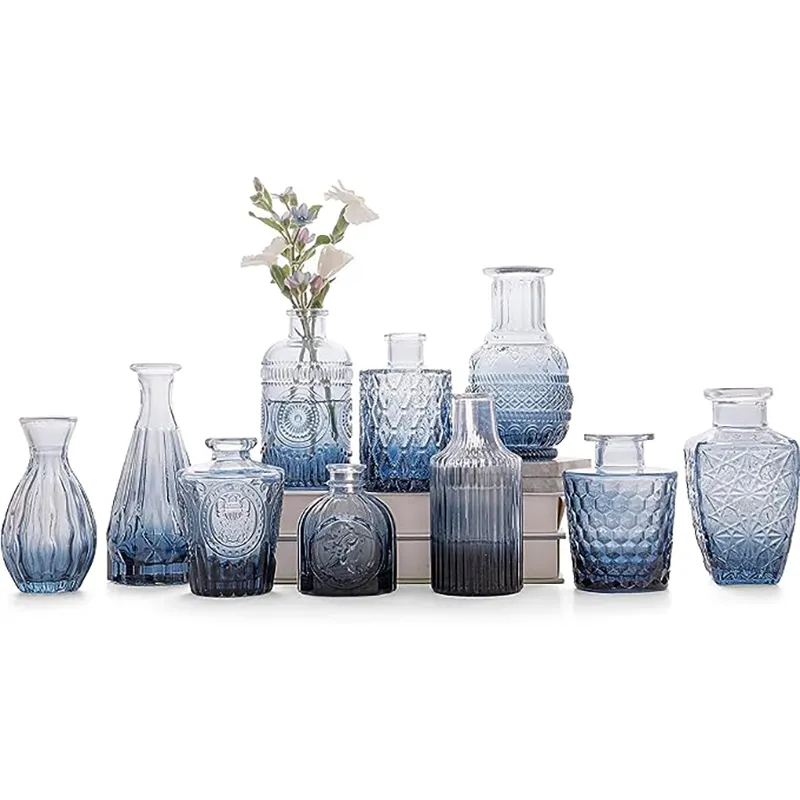 Luxury Small Glass Table Vases Wedding Art Decoration Flower Bottle Vases Blue Bud Vase 30pcs Set Vintage