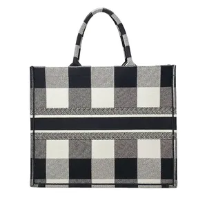 custom high quality heavy duty premium women's trendy canvas book tote bag black and white gingham plaid handbag canvas bag