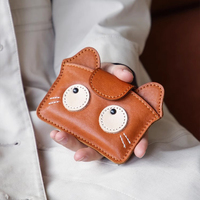 Tas kartu kulit sapi portabel, tempat kartu bisnis portabel Ultra tipis, penutup tombol Ultra tipis, desain kucing lucu kulit asli, tas kartu kulit sapi lapisan pertama Retro