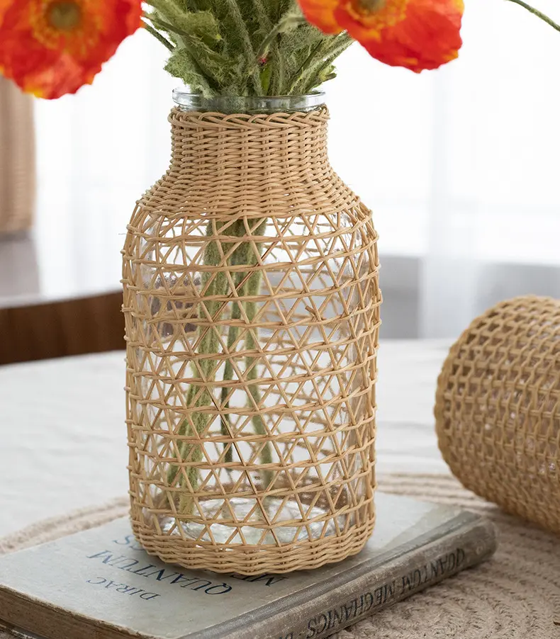 Домашний декор, креативная ваза из ротанга в скандинавском стиле для цветов, Свадебный декор, современные прозрачные стеклянные вазы для цветочных композиций