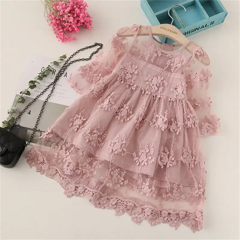 New Fashion Princess Long Sleeve Dress Solid Color Plain Lace Kids Dresses For Girls 3-8 Years Old