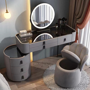 Muebles para el Hogar Tocador de Dormitorio Gris, Mesa de Maquillaje de MDF y Madera Blanca con Taburete - Product Image 1