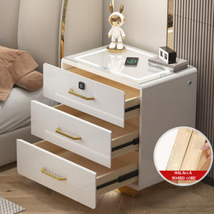 Wicker kaca pintar abu-abu kayu isi ulang 2 furnitur kabinet samping tempat tidur panjang dengan pengisi daya nirkabel - Product Image 1