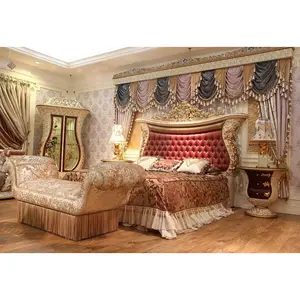 High Quality Classic Revival Luxurious Venetian Designed Antique Fabric Bedroom with Hand Carved Italian Bed Beside Table