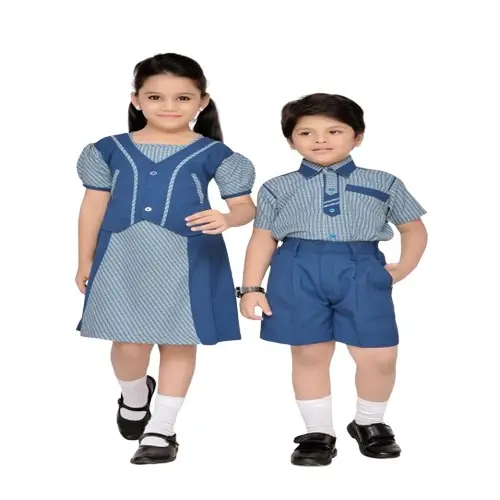 Customized First-class Checks Design High Quality Cotton School Uniform Girls Frock & Boys Collar Shirt with Blue Shorts