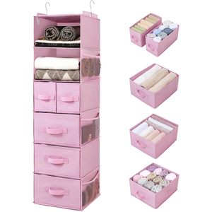 Organisateur de placard suspendu 6 étagères 5 tiroirs avec poches latérales pour le rangement des vêtements, utilisation en chambre, tissu non tissé - Product Image 1
