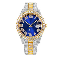 Montres de Luxe Personnalisées Bling Hip Hop Entièrement Serties Argent Or Cadran Bleu Quartz Diamant Montres Hommes Poignet YT051