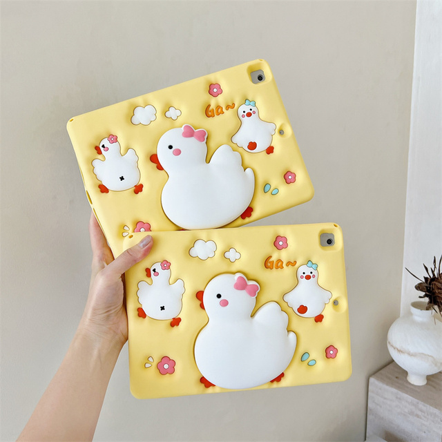 Cute Duck Stand Silicone Tablet Case for iPad Air Pro 10 Gen 5 6 10. 9 Inch Chicken Flower Cover Holder 2025 Butterfly Bracket