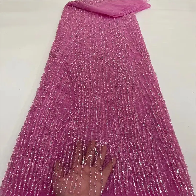 2022 New Arrival Heavy, Sequence Hand Made Pink Beaded Pearls Embroidery African Dubai Net Tulle Bridal Lace Fabric for Dress/