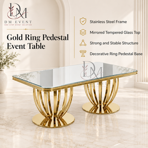 Mesa de Banquete Rectangular de Acero Inoxidable de Alta Gama con Cubierta de Vidrio y Base de Pedestal Doble para Eventos - Product Image 1