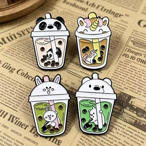 Broches Esmaltados de Chá de Bolhas com Tema Animal - 4 Peças de Broches Fofos de Panda/Unicórnio/Coelho/Urso com Copo de Boba - Product Image 1